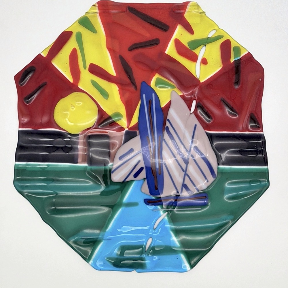 Fused Glass Art Plate Sailboat Motif Abstract Colorful Red Yellow Blue